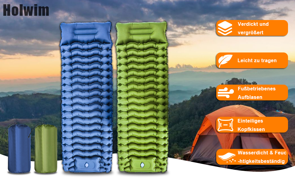 Надувна туристична матрац Holwim Isomatte з самонадуваванням, з подушкою та насосом, блакитна