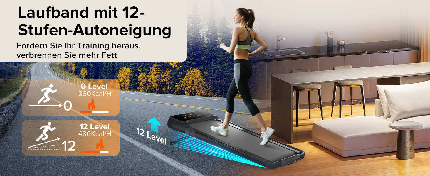 Електричний біговий тренажер Laufband для дому, компактний, чорний, з LED-дисплеєм та регулюванням нахилу до 12°