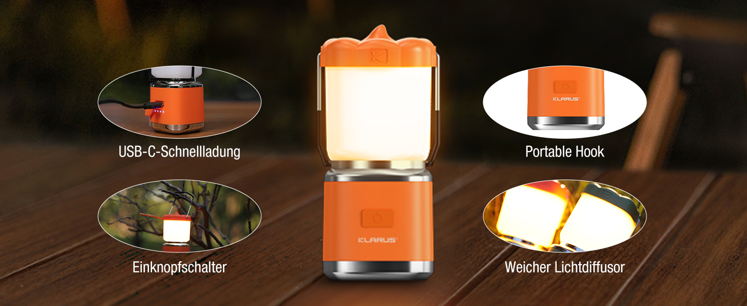 KLARUS CL8 Mini Camping-ліхтар: перезарядна LED-лампа з 5 режимами, водонепроникна IPX5, з гачком для намету, оранжева