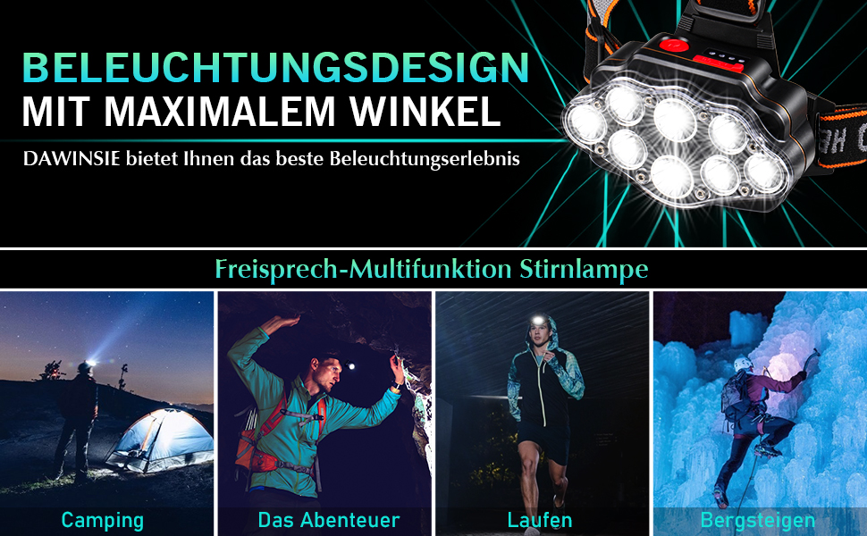 LED налобний ліхтар Dawinsie з USB-зарядкою, 8 LED, 4 режими, водонепроникний, для роботи, відпочинку на природі, кемпінгу, походів, риболовлі