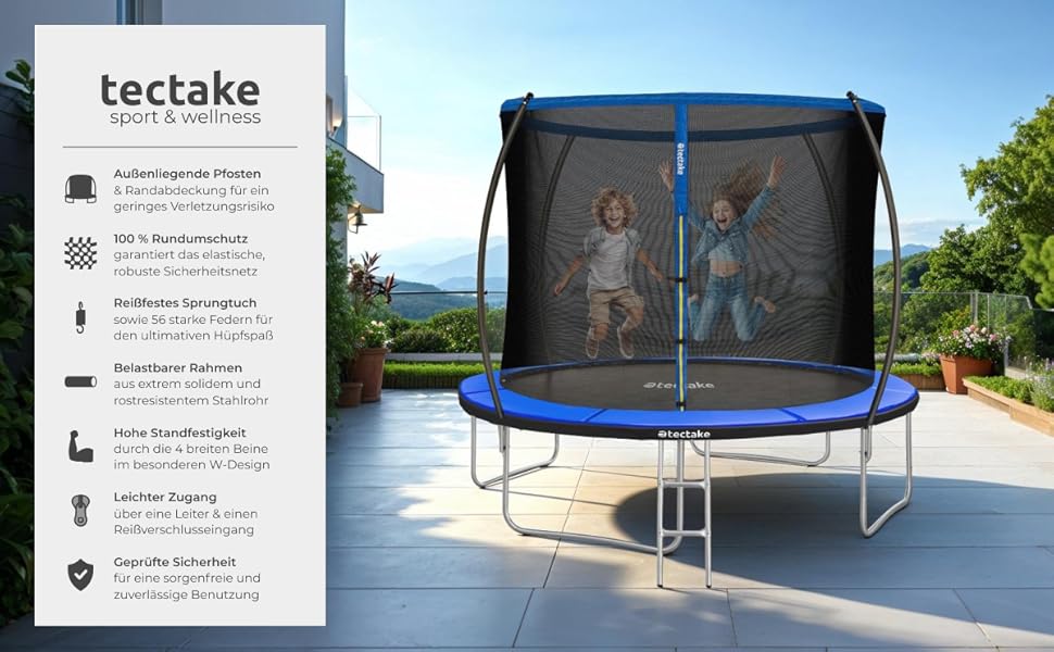 Трамплін Tectake® для саду Ø 305 см з сіткою безпеки, блакитний - ідеальний для занять спортом та балансування дітей