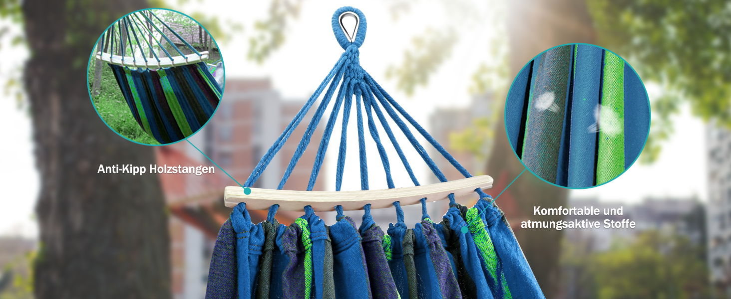 Гамак для відпочинку на відкритому повітрі: кемпінг, балкон, сад. З дерев'яною перекладиною та сумкою. Зелений колір