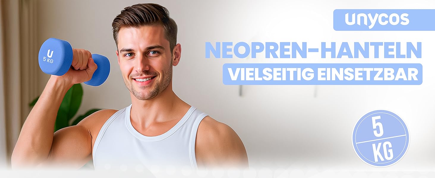Гантелі неопренові Unycos 2 шт. 1-10 кг, короткі, антиковзаючі, для фітнесу, силових тренувань, пілатесу, дому (#07 Синій, 2 x 5 кг, круглі)