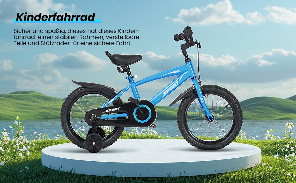 Дитячий велосипед BODIOO 12 дюймів з регульованим сидінням, гальмами, підставками, відбивачем та бризговиком, 84-97 см (Блакитний)