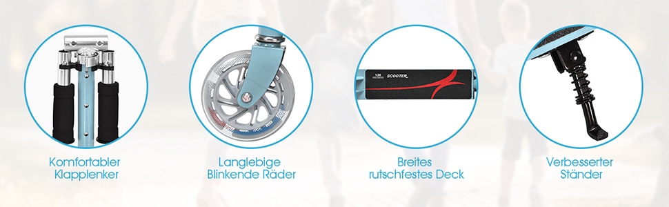 Дитячий ролер COSTWAY з LED-колесами, для дітей від 4 років, до 70 кг, регульована висота, блакитний