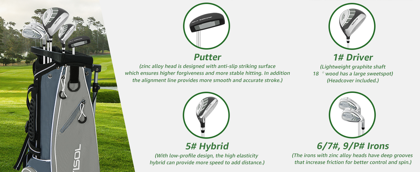 Повний комплект гольф-клубу на 6 штук: драйвер, гібрид, айрони 6/7#, 9/P#, паттер та сумка-стійка (для правшів), сірий