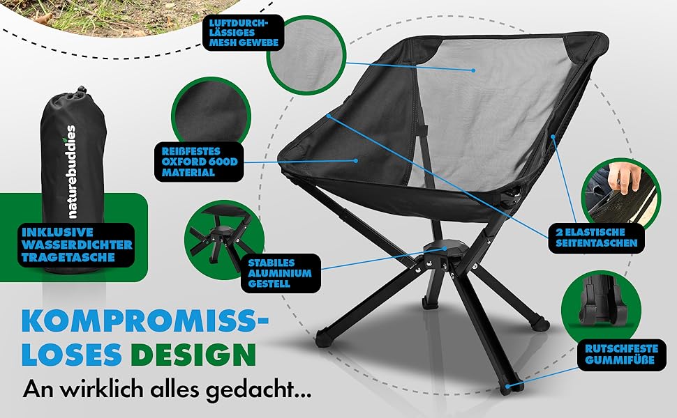 Крісло для кемпінгу Nature Buddies® Faltbar: Легке, компактне, розкладне, до 150 кг | Стільці для риболовлі, відпочинку на природі, фестивалів, туризму | Чорний