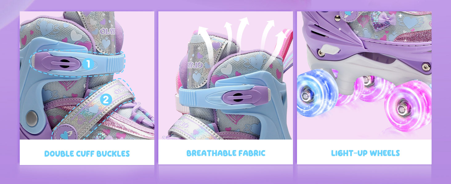 Дитячі ролики для дівчаток з блискучими сердечками та світлодіодними колесами, 4-разове регулювання, ролики для дітей-початківців, ідеальний подарунок на день народження або Різдво, фіолетовий колір