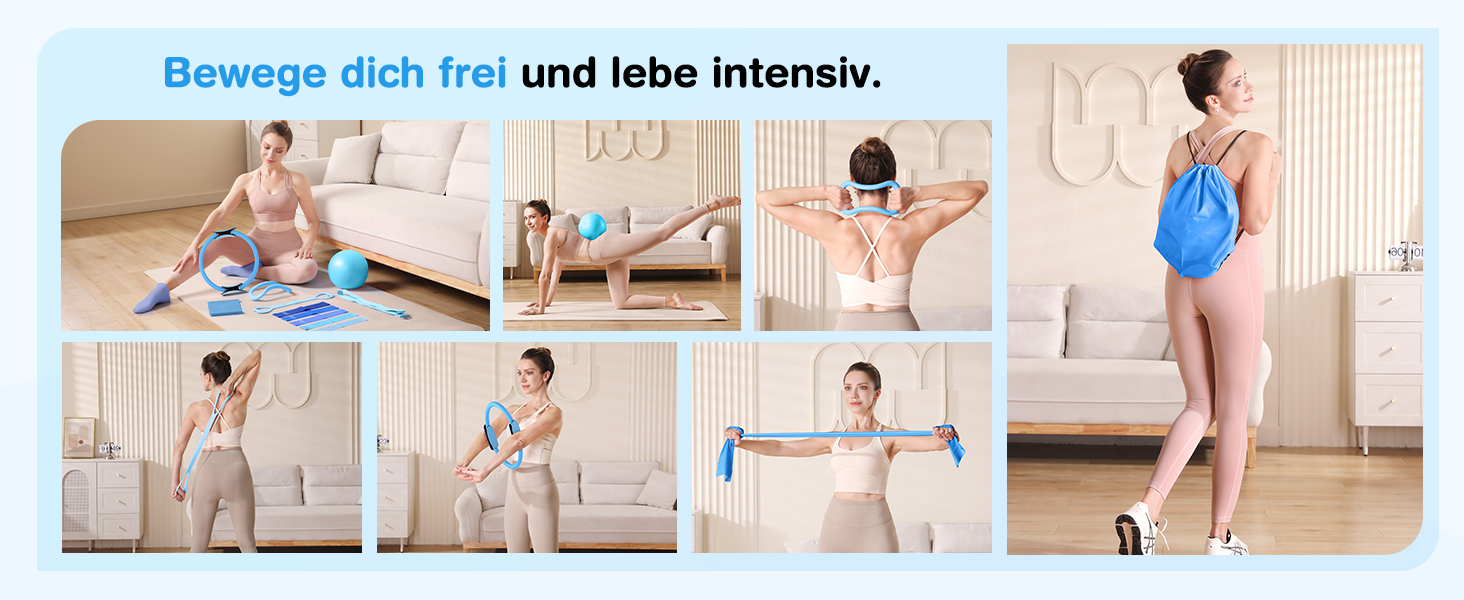 Набір для пілатесу 13 шт: кільце 13', м'яч 10' та еластичні стрічки для жінок вдома. Комплект обладнання для пілатесу для початківців, стрічки та аксесуари (блакитний)