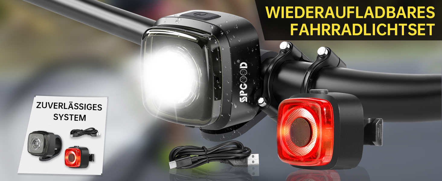Велосипедні ліхтарі SPGOOD: комплект переднього та заднього ліхтаря, USB-C, водонепроникні (IPX5), сертифіковані StVZO