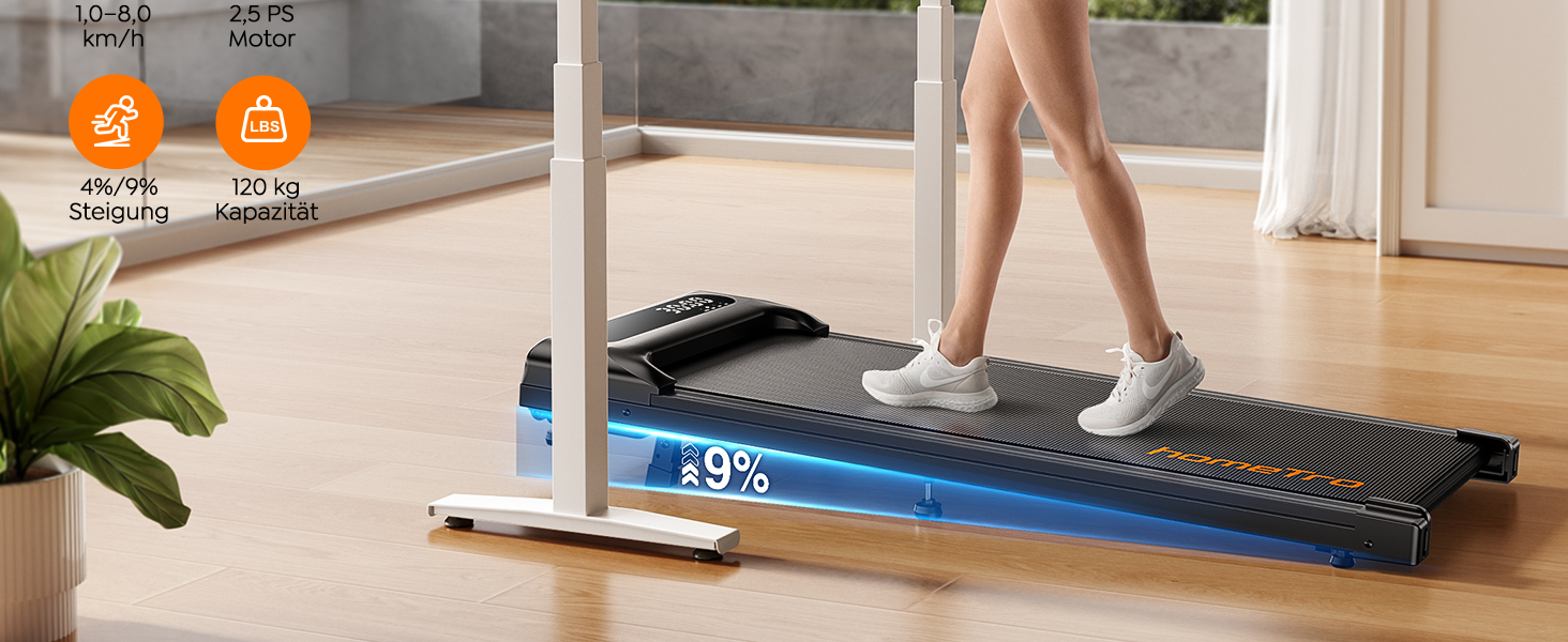 Walking Pad з нахилом 9% - компактне бігове полотно 1-8 км/год, портативне та легке у переміщенні, керування через APP та пульт дистанційного керування (з функцією паузи), без монтажу, економія місця, з LED-дисплеєм - для офісу та дому, Black Walking Pad з нахилом