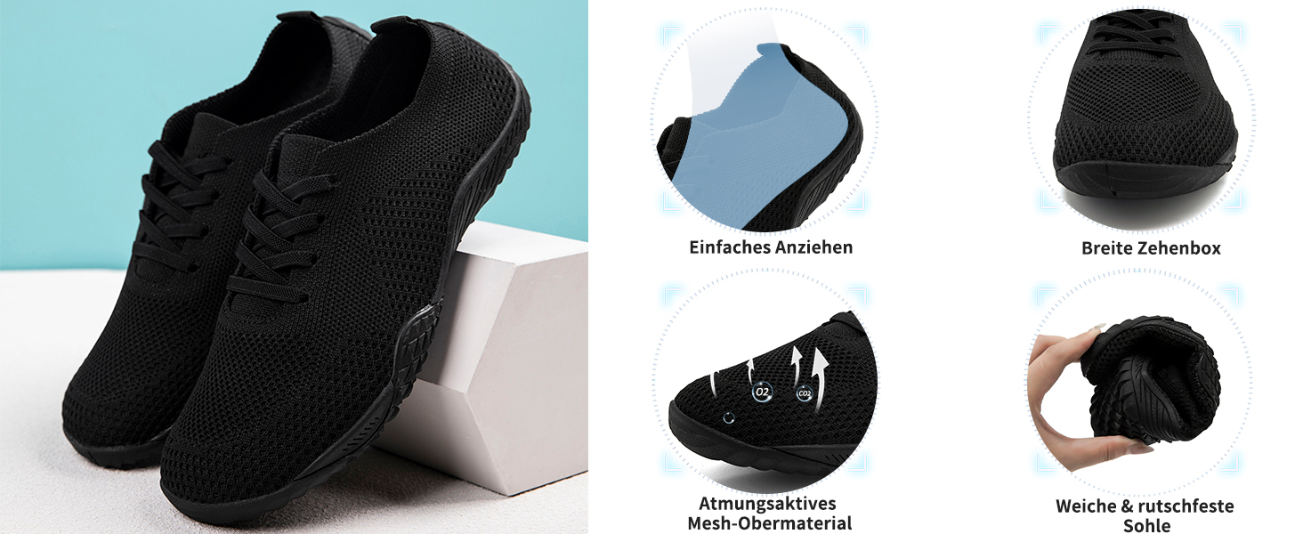 Жіночі кросівки Barfuss - легкі та зручні тапочки для дому та занять спортом, чорного кольору, розмір 39 EU