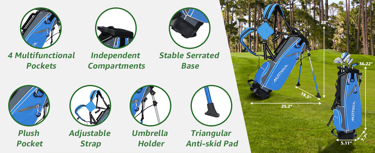 Повний набір гольф-клубу з 6 шт., включає сумку-стійку, драйвер #1, гібрид #5, залізи #6/7, #9/P та паттер, для правшів (блакитний)