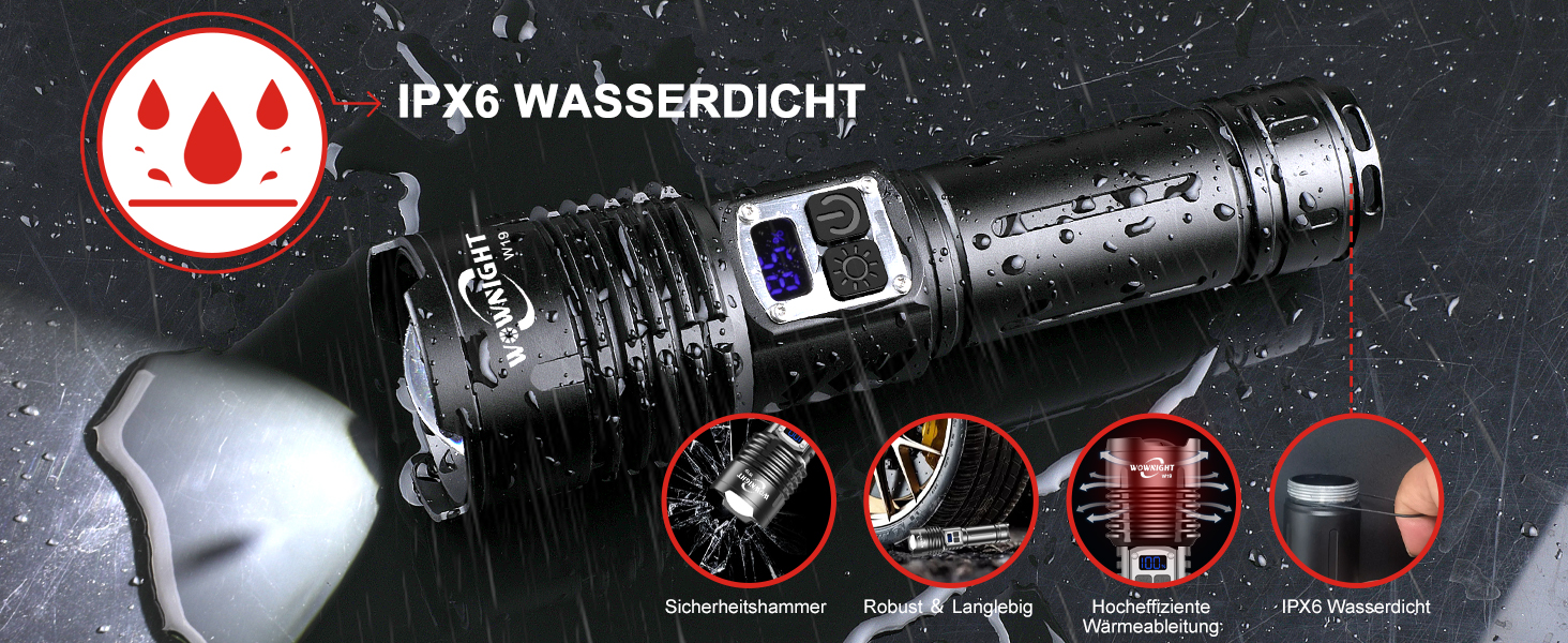 WOWNIGHT LED ліхтарик на акумуляторі 1000000 люмен, 2 режими, USB-C, тактичний, регулювання яскравості, налобний, для кемпінгу та надзвичайних ситуацій, чорний обсидіан