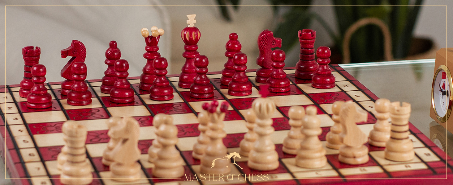 Шаховий набір Intarsien Pearl XL з вишневого дерева | Master of Chess | Класичний шаховий набір 42 см для дітей та дорослих | Шахове поле з фігурами (Червоний XL)