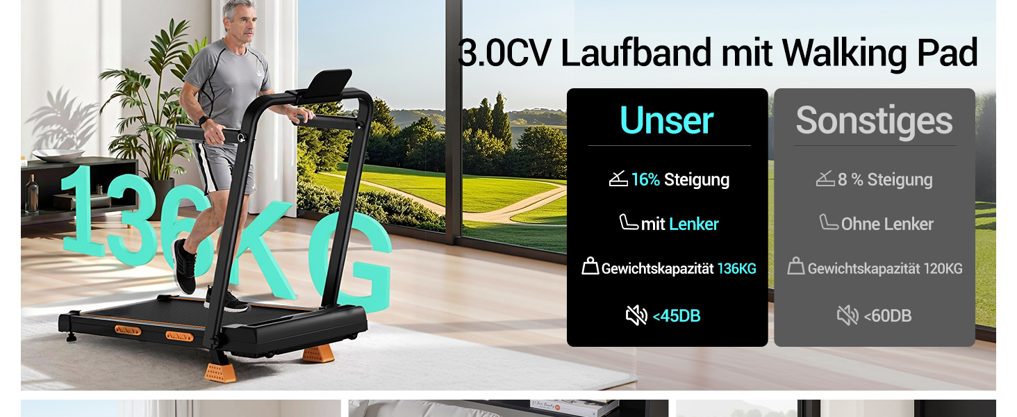 Біговий тренажер CURSOR для дому, складаний, 10 км/год, нахил 16%, безщітковий двигун 3.0CV, максимальне навантаження 136 кг, помаранчевий