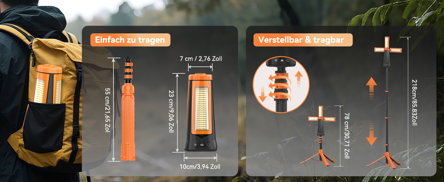 Портативна LED кемпінгова лампа 15000mAh з телескопічним штативом, 5500LM, IP65, вологостійка, для кемпінгу, подорожей, бастіону, намету, з підсвічуванням (Помаранчевий)