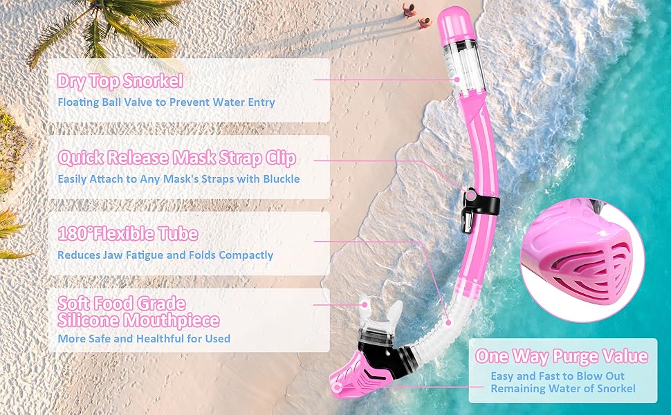Дитяча маска для снорклінгу та плавання, 4-16 років, комплект, панорама 180°, сухий сноркель, рожева