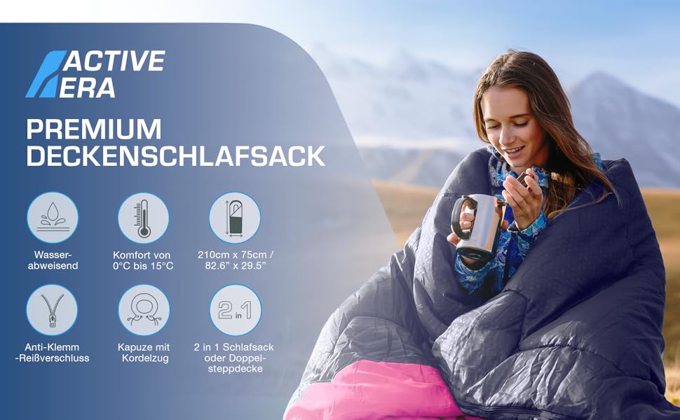 Сплячий мішок Active Era Premium Mumienschlafsack 250 GSM, зимовий та літній, 0°C - 15°C, для кемпінгу, фестивалів, подорожей, водонепроникний, ультралегкий, компактний (Рожевий)