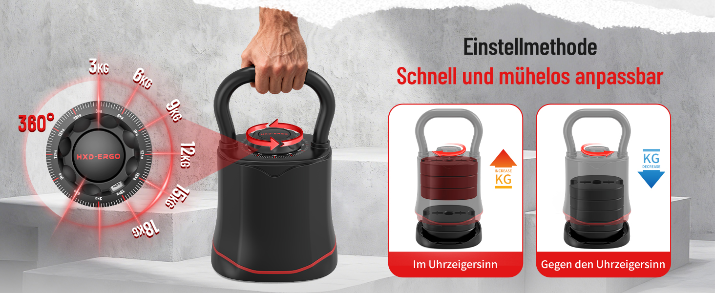 HXD-ERGO Регульована гантель-гиря 6-в-1 (3–18 кг) з швидкою зміною ваги, широким руків'ям, компактна для дому та залу, чорна