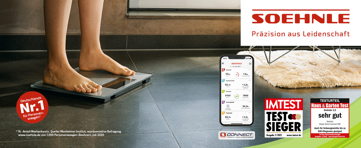 Ваги жиру в організмі Soehnle Shape Sense Connect з Bluetooth, додаток Bathroom Scale plus, шкала аналізу жиру в організмі для BIA Premium Body Analysis, шкала жиру в організмі з додатком і великим РК-дисплеєм (200)