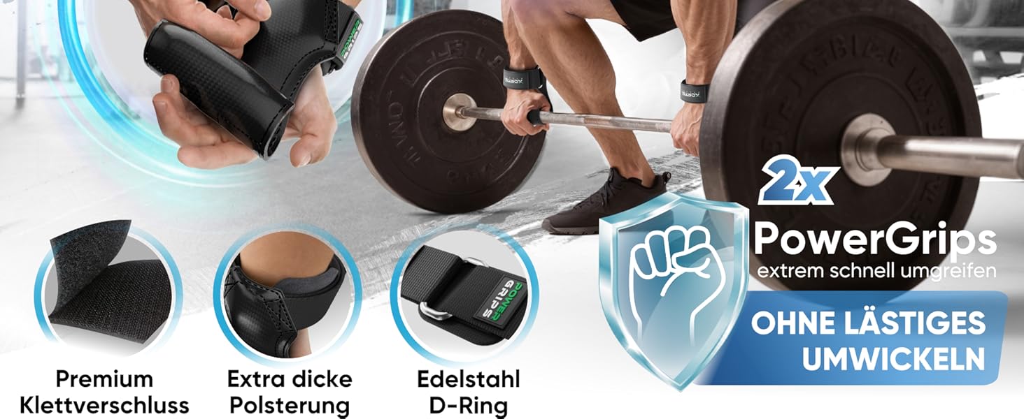 Гріпси для тренувань NetroxSports Power Grips - фітнес-ремні для підйому важкої ваги, бодібілдингу з захистом зап'ястя, чорні (M)