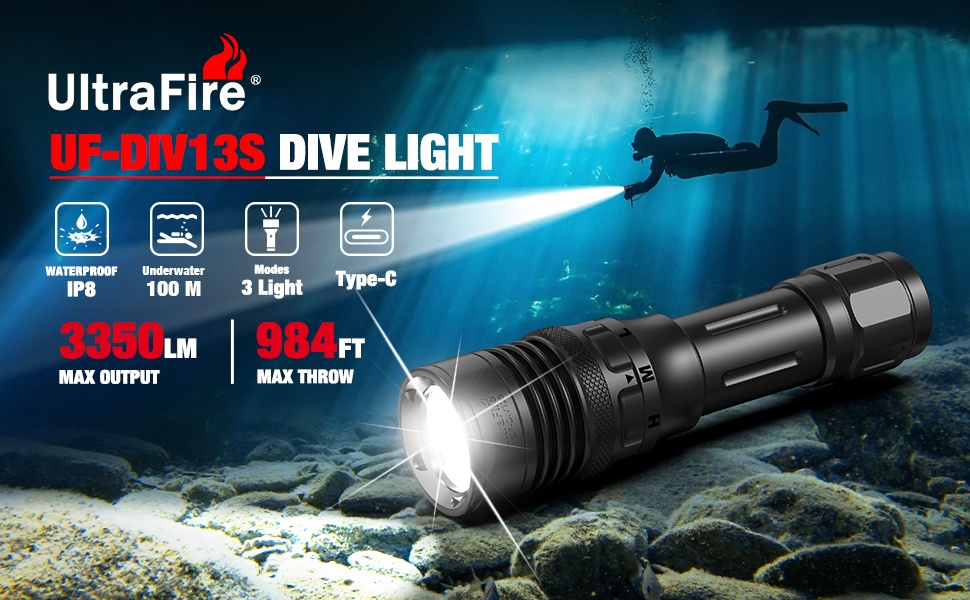 Ліхтар під водою ULTRAFIRE UF-DIV13S 3350 люмен, перезаряджається, IPX8, USB-C, 3 режими