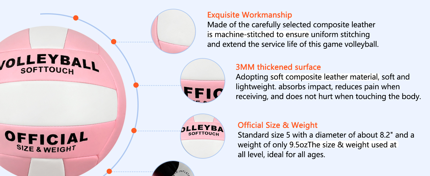 Волейбольний м'яч Aipwerer: для тренувань, пляжу, залу. Водостійкий, Soft Touch, рожевий. У комплекті насос та сумка