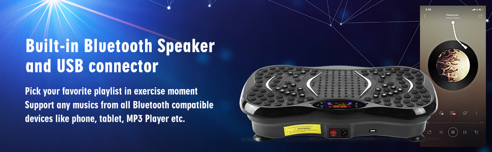 Віброплатформа для фітнесу EVOLAND з Bluetooth-динаміком, 5 програмами тренувань та еластичними стрічками, витримує до 150 кг, для дому