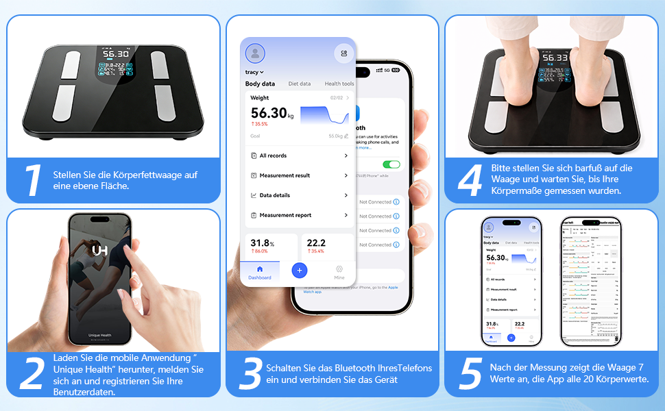 Розумні ваги для аналізу складу тіла з визначенням відсотка жиру, м'язової маси, BMI та вісцерального жиру, 25 показників, BIA-технологія, до 225 кг, чорні