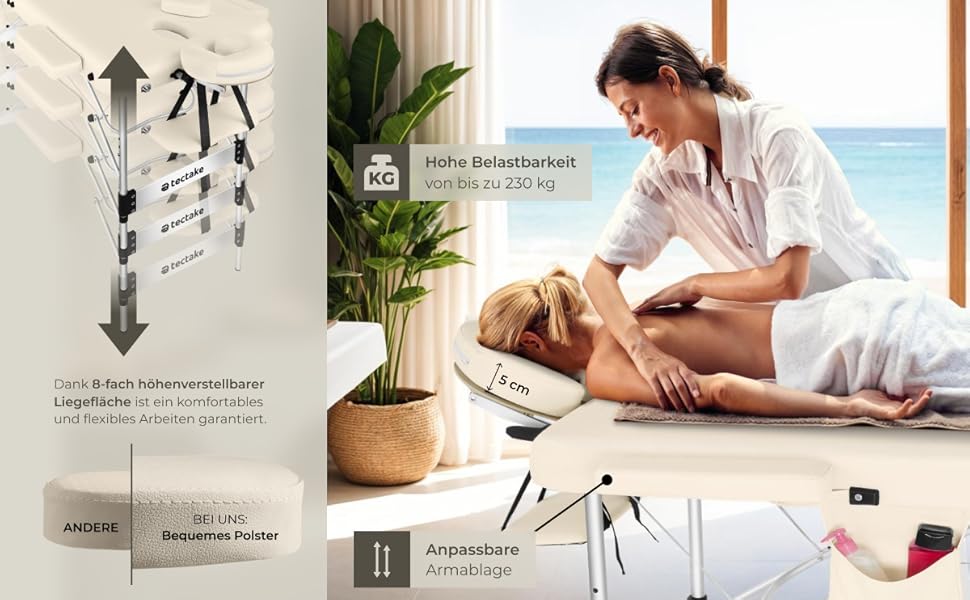 Масажний стіл Tectake® 3 зони, складаний, з регулюванням висоти, алюмінієвий, з аксесуарами (підголовник, підлокітники, сумка) - бежевий