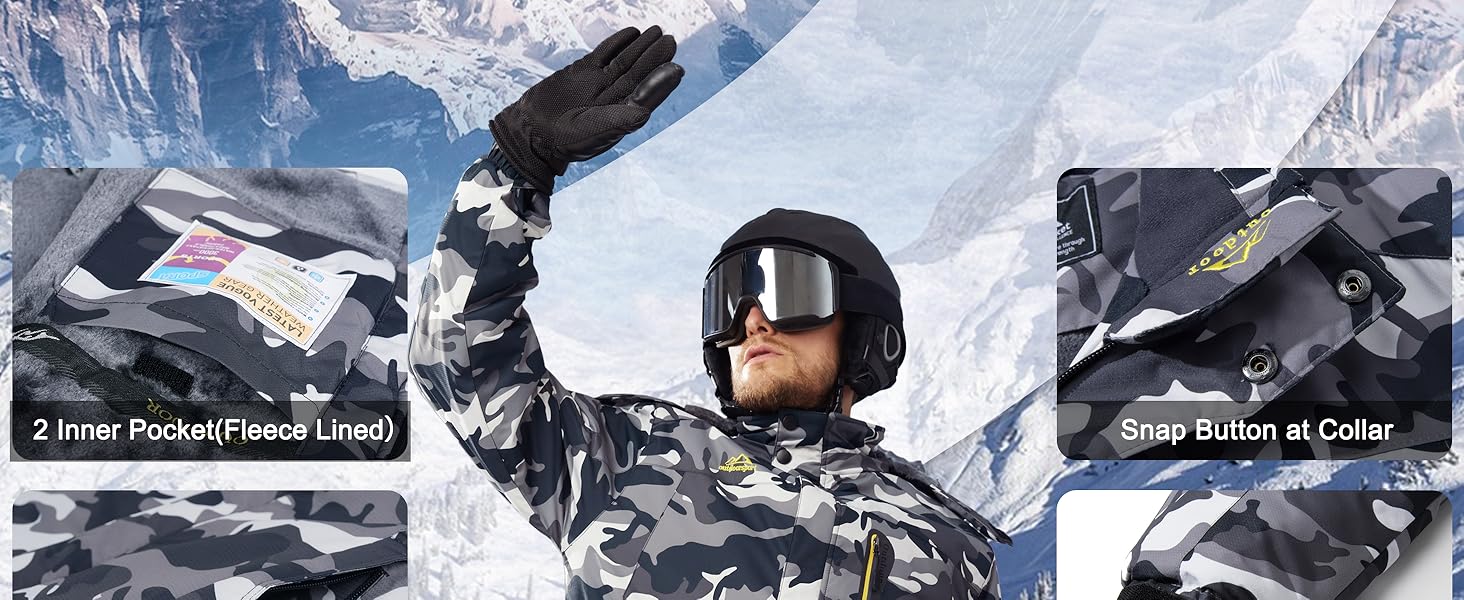 Чоловіча зимова флісова куртка MAGCOMSEN з підкладкою, для катання на лижах, Outdoor, вітронепроникна, водонепроникна, тепла, функціональна куртка з капюшоном для походів та кемпінгу (Чорний-Камуфляж, L)