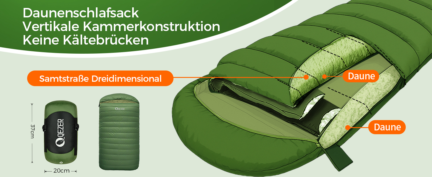 Сплячий мішок XXL з пуху на 3-4 сезони, 230x100 см, для дорослих, кемпінг, трекінг, подорожі (зелений)