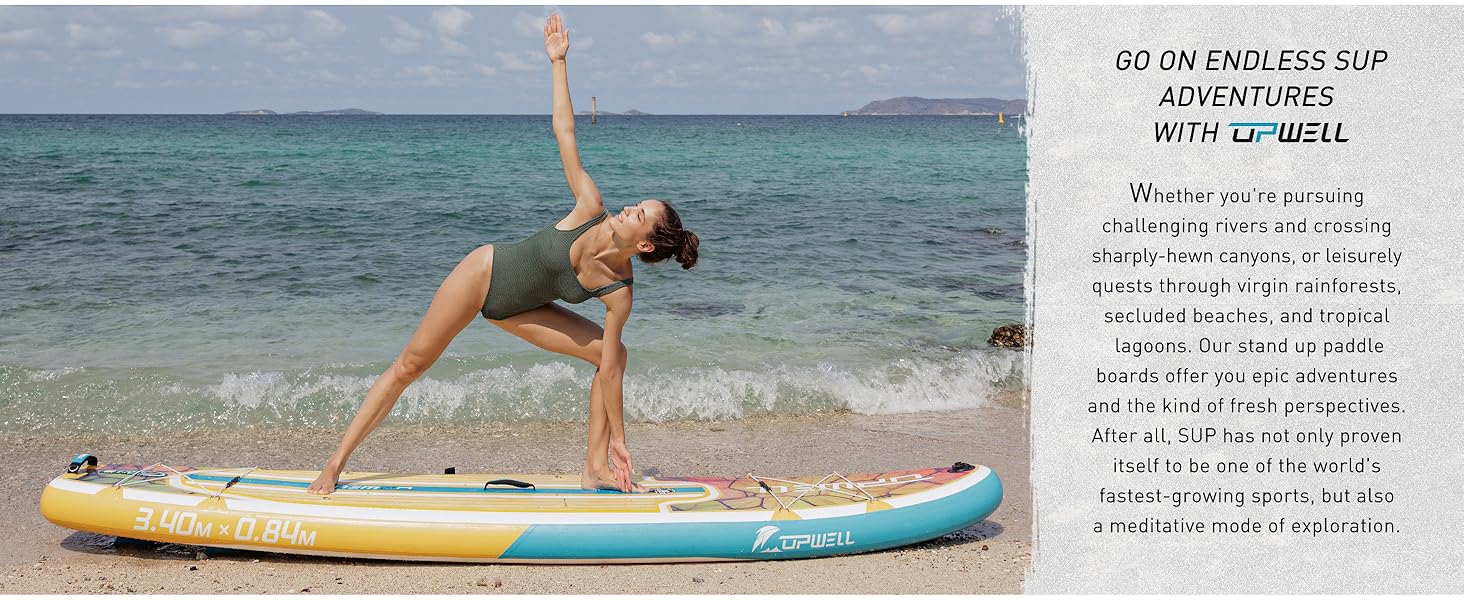 Надувний SUP Борд UPWELL Premium Stand Up Paddling Board з сидінням та кріпленням для камери, комплект, 204 кг вантажопідйомність, для 2 осіб, регульоване весло для початківців (340x84x15cm)