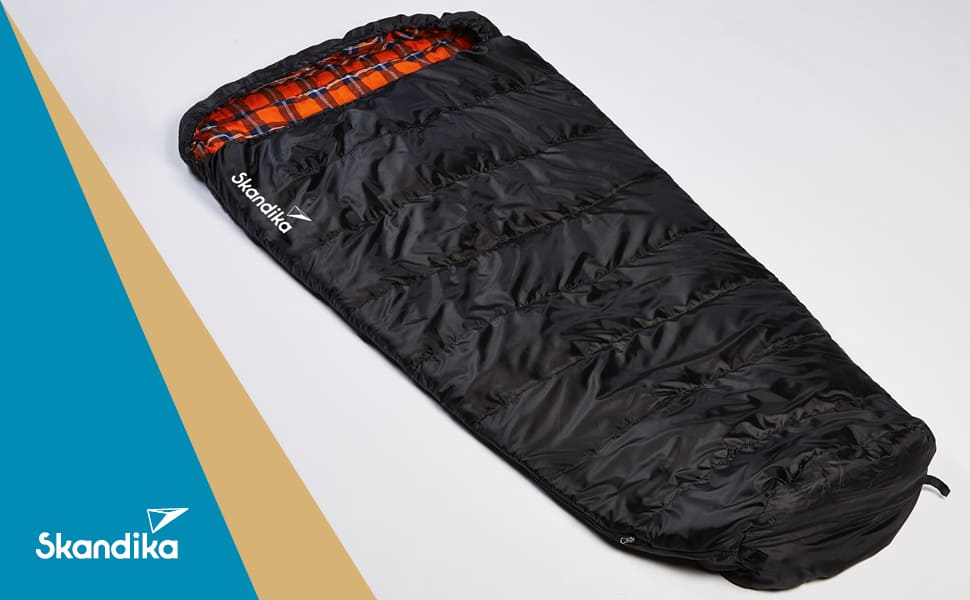 Спальний мішок Skandika Vegas Flanell XXL - для кемпінгу, 3 сезони, до -15°C, 220x110 см (Чорно-помаранчевий)