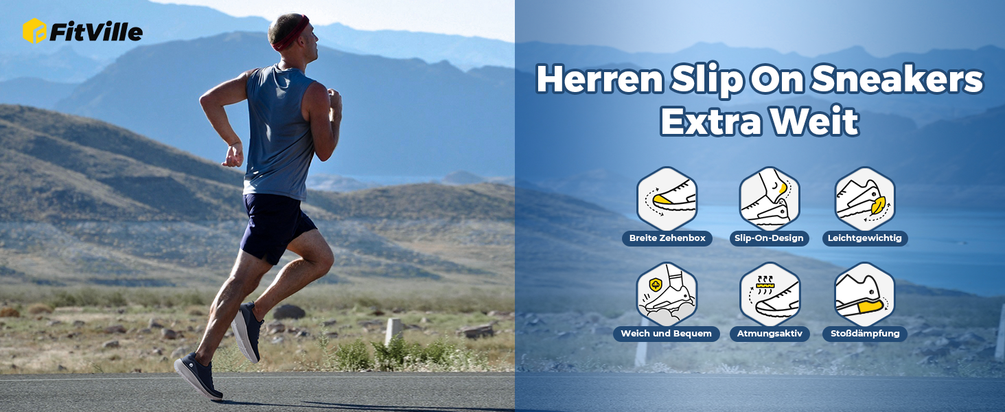 FitVille Кросівки Slip-On для чоловіків, широкі, спортивні, легкі, дихаючі, для бігу, фітнесу, активного відпочинку, залу, сірі, 44 EU