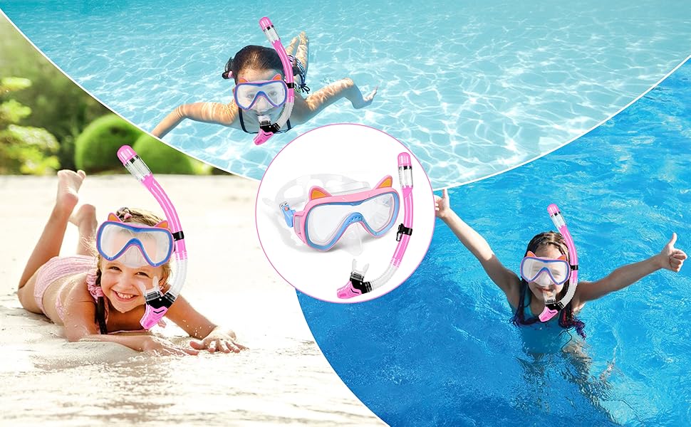 Дитяча маска для снорклінгу та плавання, 4-16 років, комплект, панорама 180°, сухий сноркель, рожева