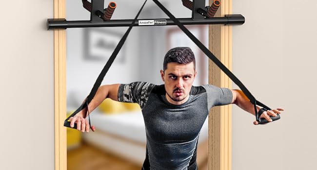 Дверна рама AmazeFan Pull-Up Bar, модернізована турніка 2024 року з кількома варіантами хвата, з додатковим тренажером для строп, універсальна застосовується для більшості дверей Чорний/помаранчевий