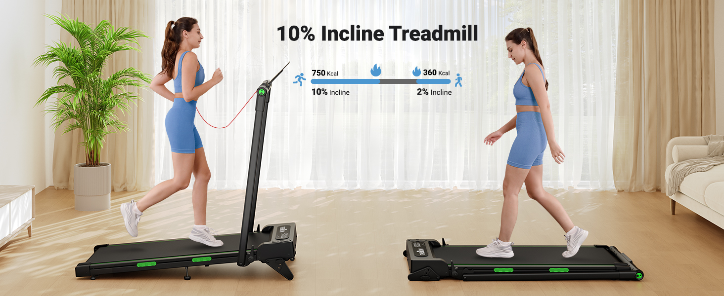 Біговий тренажер THERUN для дому, складний, з нахилом, 3 в 1 Walking Pad з 3 рівнями нахилу, 2.5PS, біговий стіл, подвійне покриття для захисту колін, темно-зелений (Турквіс)