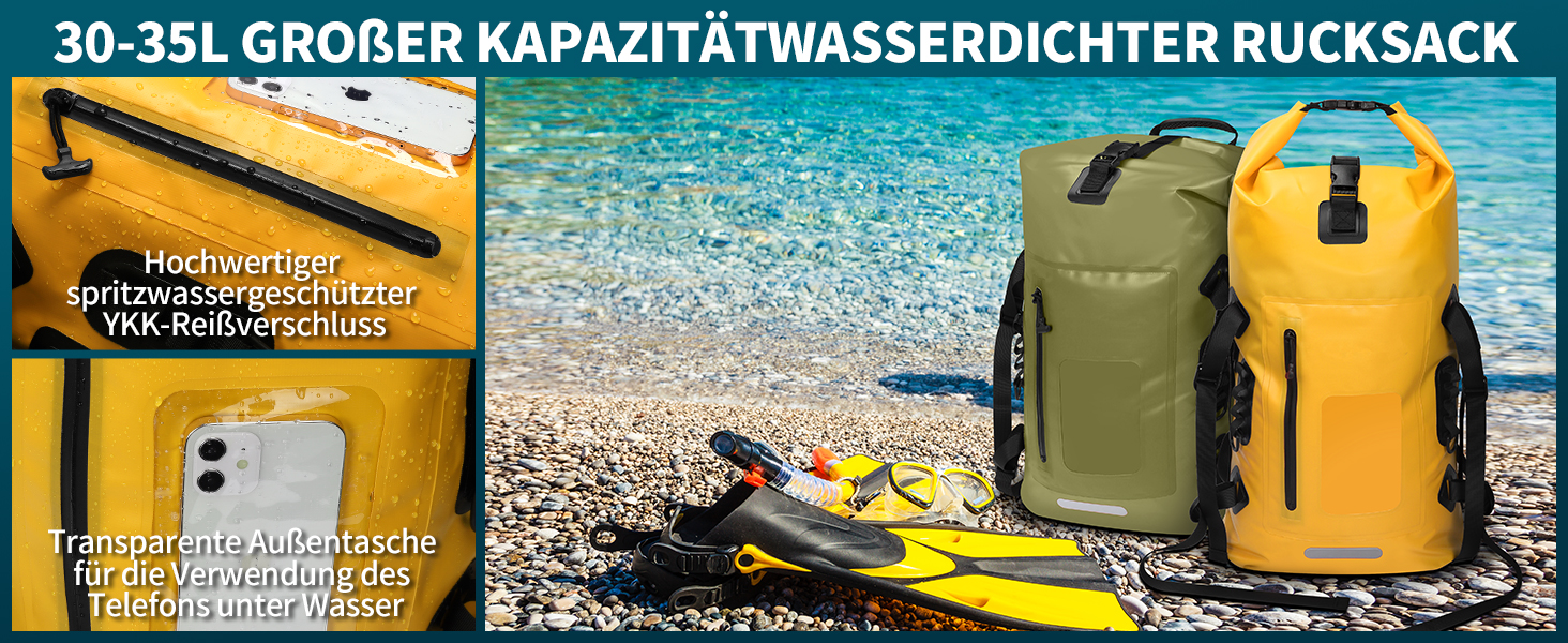 Водонепроникний рюкзак ioutdoor 30-35 л, rolltop, для водних видів спорту, велоспорту та туризму, з м'якими лямками та водонепроникною блискавкою