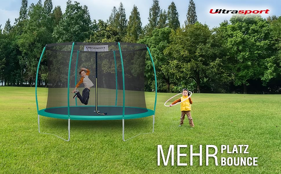 Трамплін Ultrasport Deluxe: Ø 244/305/366/430 см, сертифікований TÜV Rheinland, повний комплект, круглий для саду, з м'якими стійками, сіткою безпеки та захисним бордюром