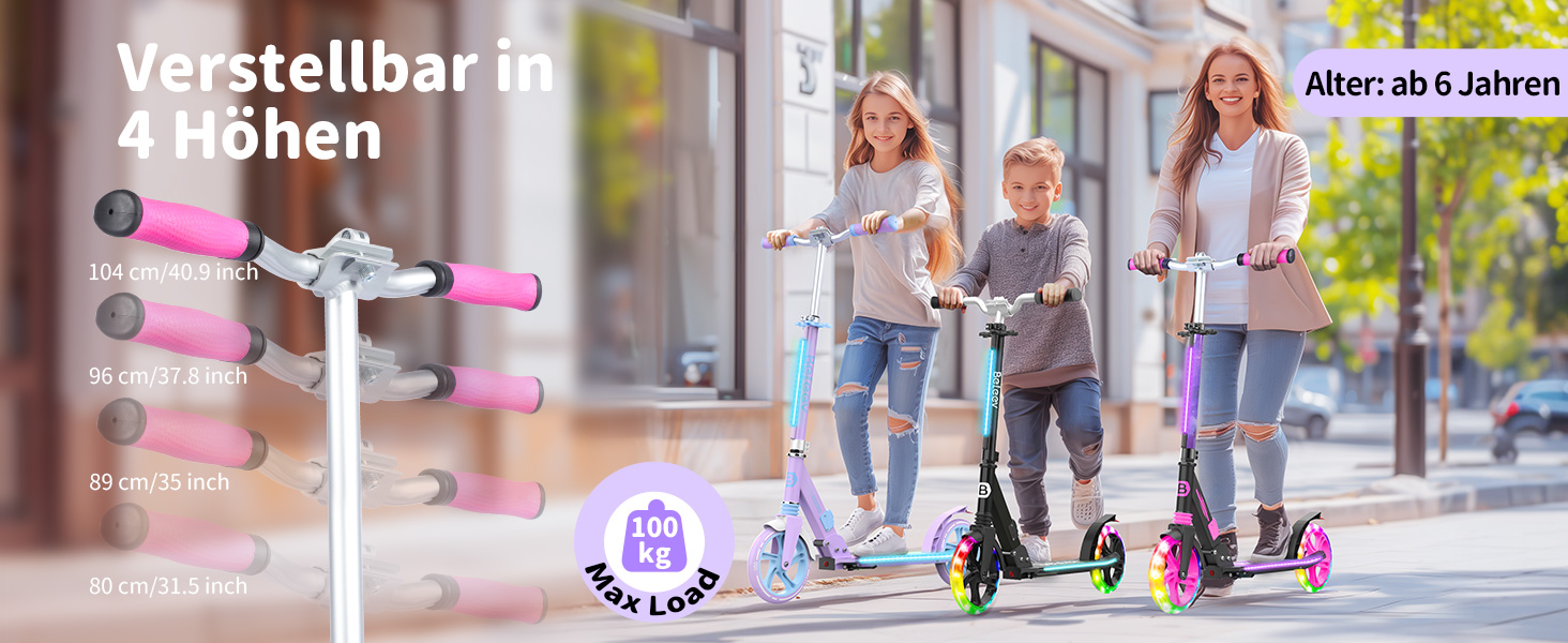 Самокат трюковий BELEEV з LED підсвіткою, регульованою висотою, колесами 200мм, амортизацією, фіолетовий. Для дітей від 6 років, підлітків та дорослих.