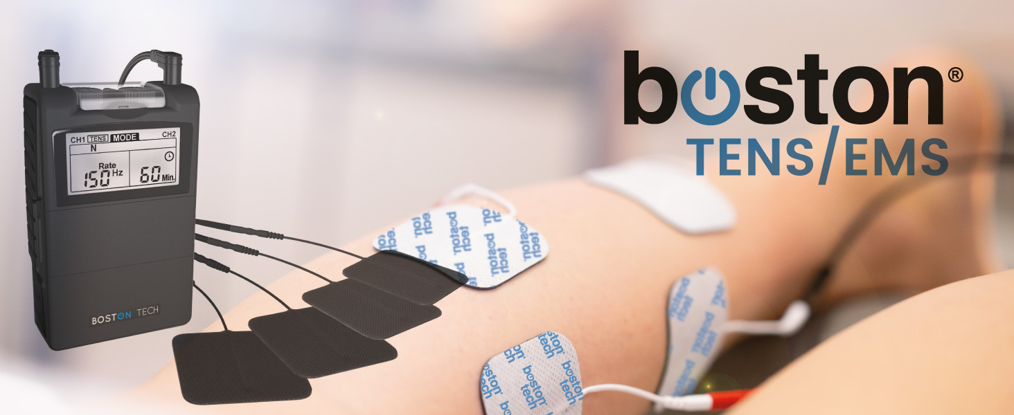 Пристрій TENS Boston Tech ME89 PRO: терапія болю, EMS, 7 режимів, стимуляція м'язів, 4 електроди, 9V батарея, захист від падінь, кейс