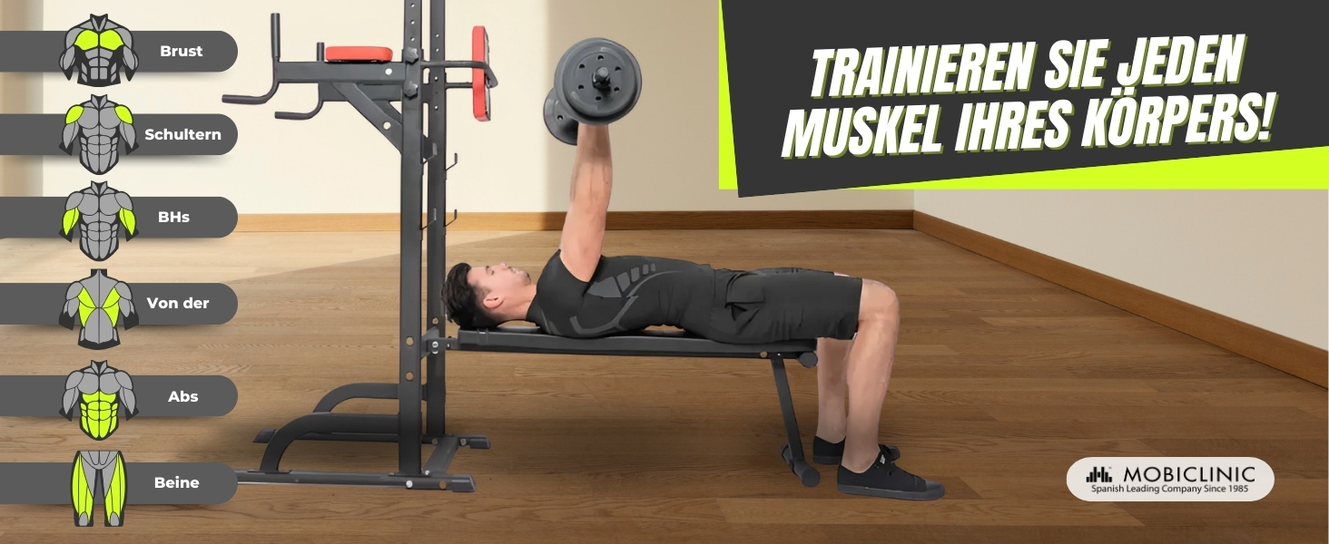 Мультифункціональна силова станція Mobiclinic Fitness 9 в 1, складана, з турніком, лавкою для жиму, регульована по висоті, протиковзка, м'яка оббивка