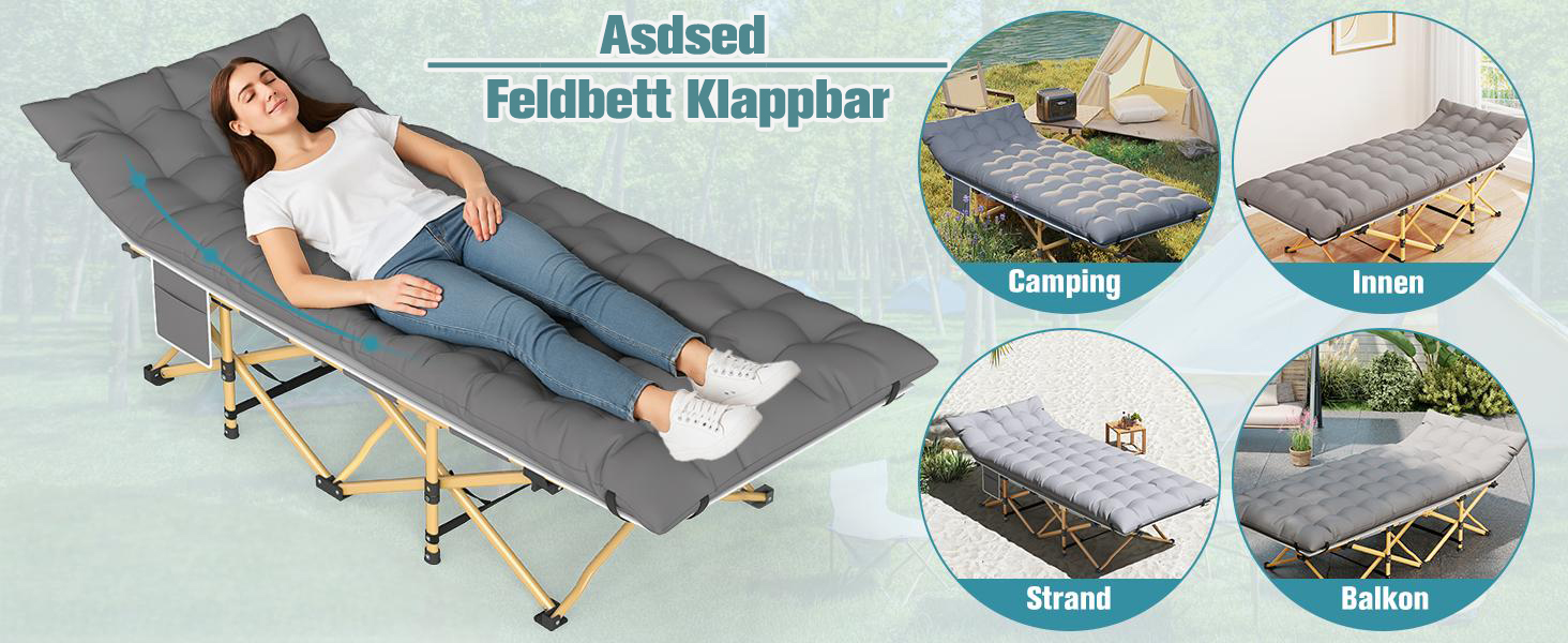 Ліжко туристичне розкладне Feldbett XXL 250 кг 2 шт сіре - 7 зон, 1200D Oxford, кут нахилу 15°, для кемпінгу, саду, палатки