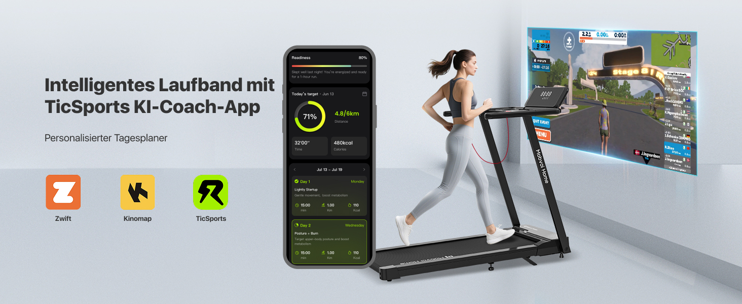 Біговий тренажер Mobvoi Home Ultra 3-в-1 з AI, нахил 6%, потужність 2.5 PS, підтримка TicSports, Zwift, Kinomap, швидкість 12 км/год, максимальне навантаження 120 кг