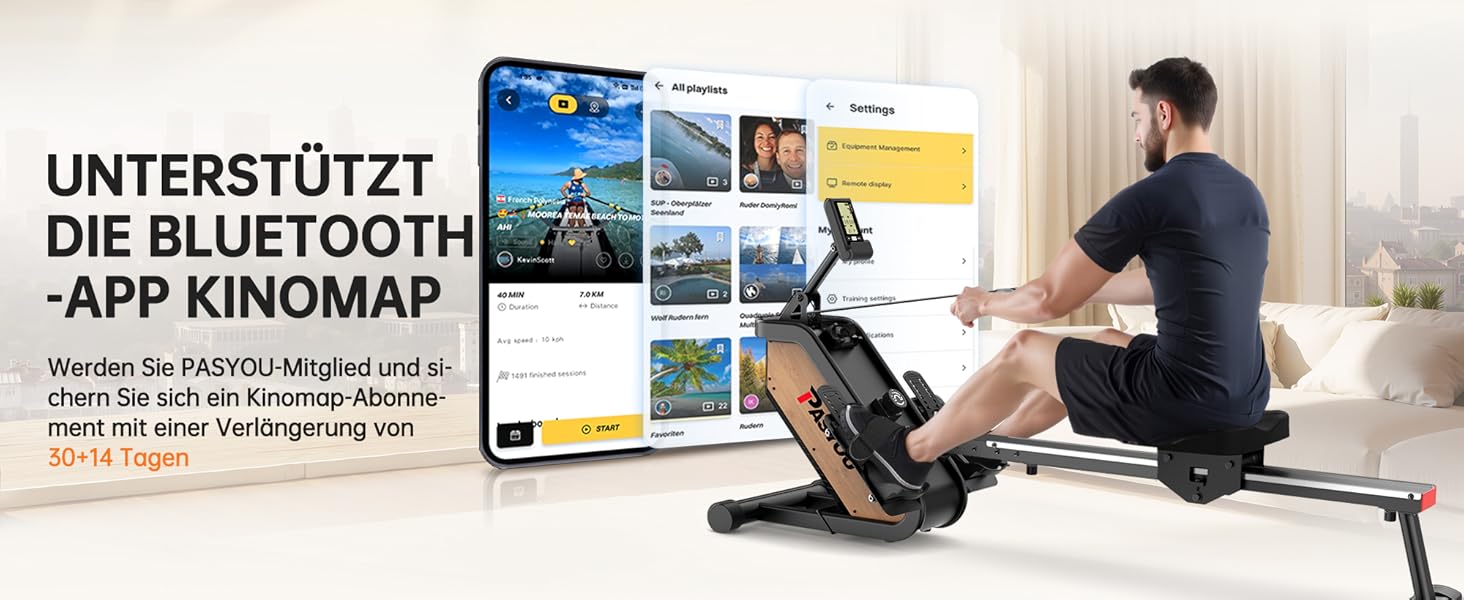 Гребний тренажер PASYOU PW36 для дому з APP і LCD, тиха робота, до 158 кг