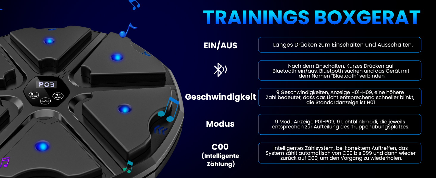 Музичний боксерський тренажер: електронна машина для ударів з Bluetooth, 9 режимів та музикою (чорний)