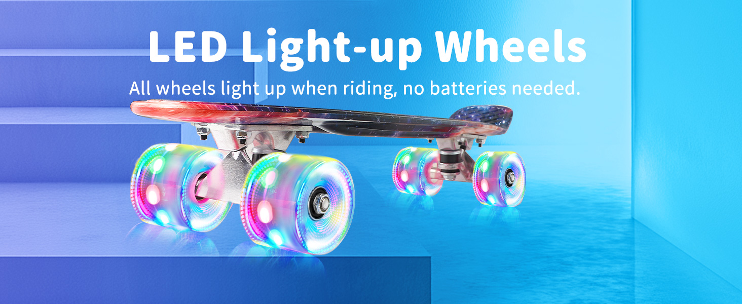 Скейтборд BELEEV 22 дюйми Mini Cruiser з LED колесами та T-Tool, для дітей, підлітків, дорослих, Galaxy Blue