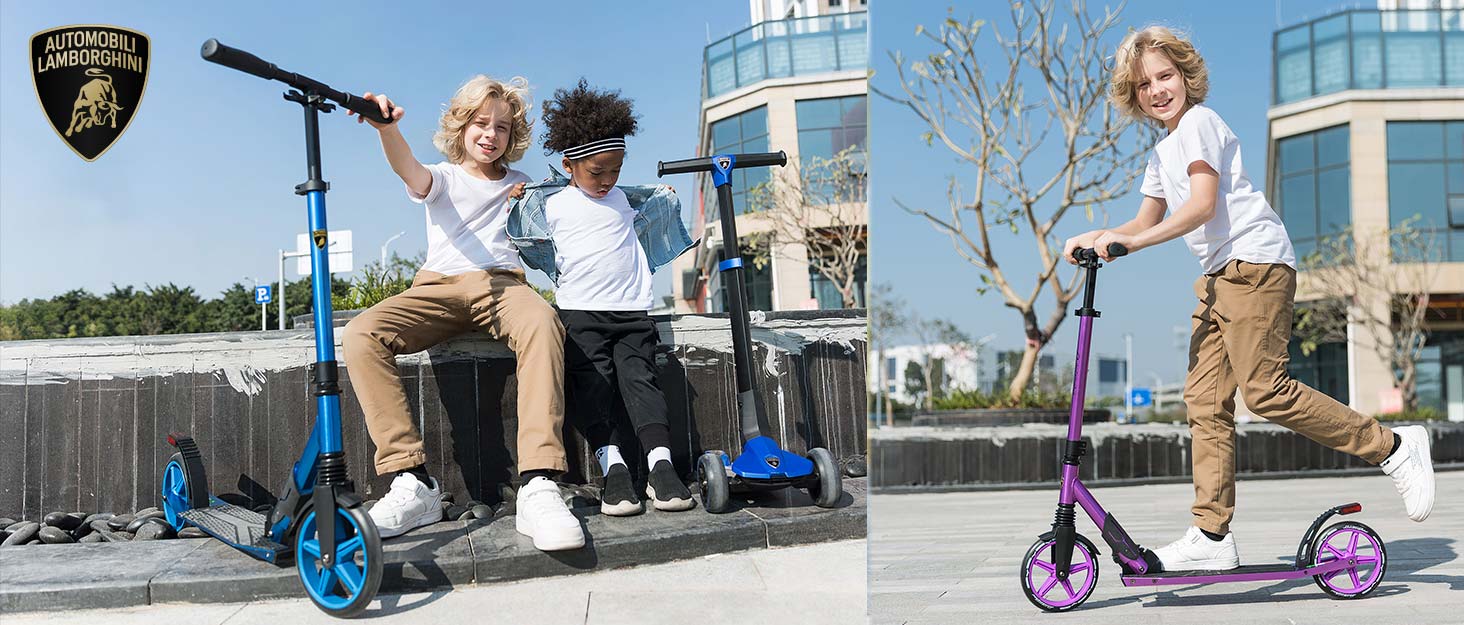 Скутер Lamborghini Tretroller Cityroller з великим колесом, складаний, регульована висота, для дорослих та дітей, з підставкою, передньою амортизацією та гальмом на задньому колесі, синій, до 100 кг